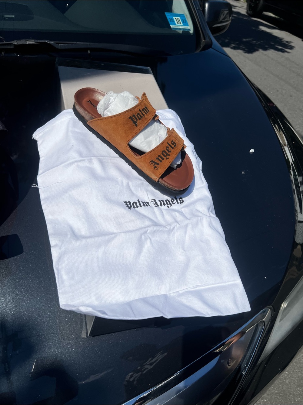 Palm Angels Tan/Brown Double Strap Leather Slide Sandal